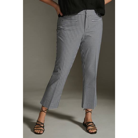 New Anthropologie The Essential Slim Kick Gingham Flare Pants $128 US 4 B&W Crop - Picture 3 of 5